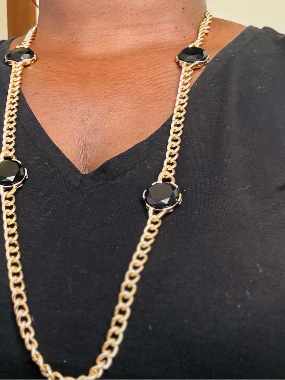 Gold Chain Necklace with Black Gem Accents - Women's Fashion Jewelry